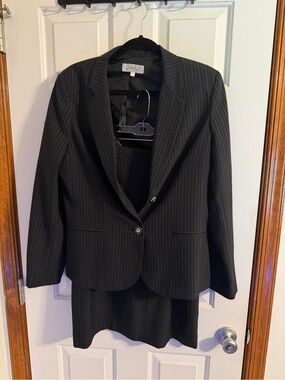 Emily… Black Pinstripe Skirt Suit Set Size 12 Blazer & Skirt